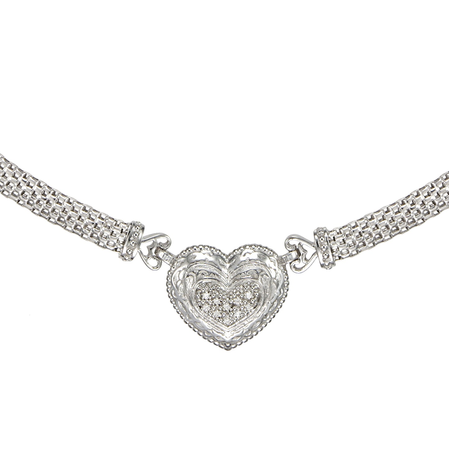 STERLING SILVER CUIBC HEART PAVE ON  WIDE MESH OMEGA CHAIN