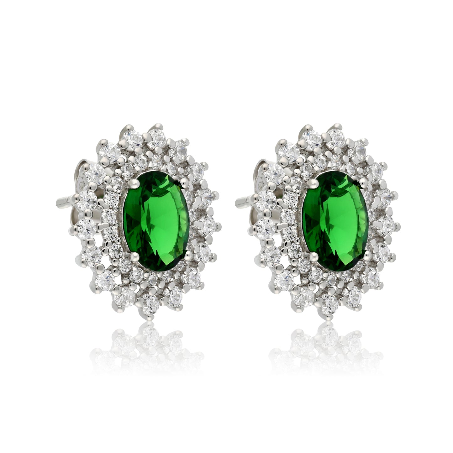 STERLING SILVER EARRING WHITE CZ +CENTER GREEN GLASS