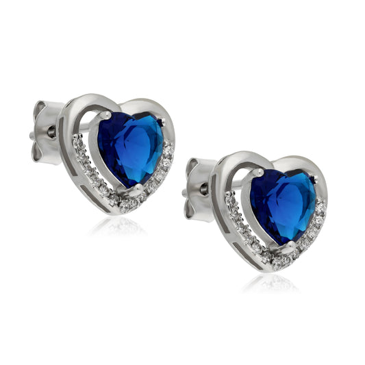 STERLING SILVER EARRINGS WHITE CZ + CENTER BLUE HEART