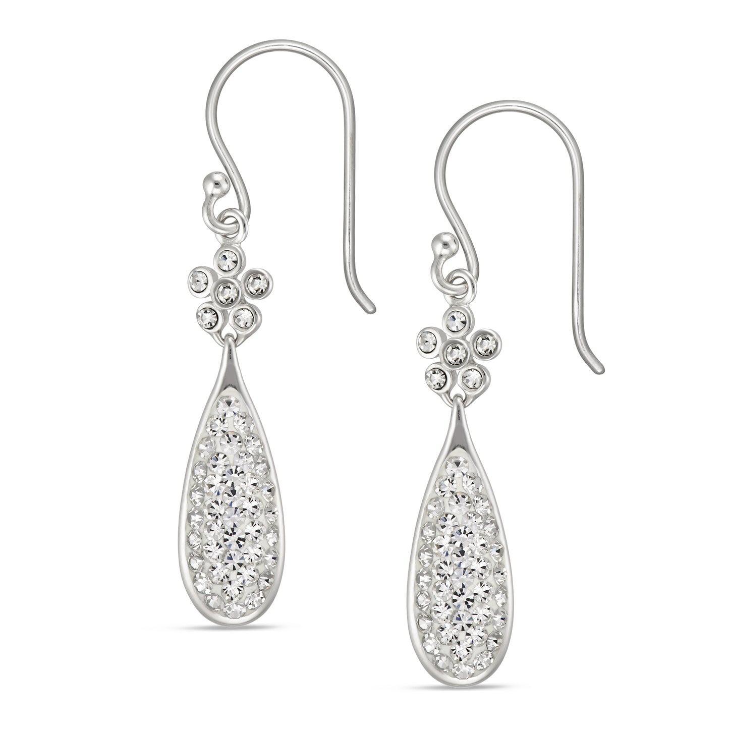 STERLING SILVER WHITE CRYSTAL TEARDROP EARRINGS ON FISHHOOK