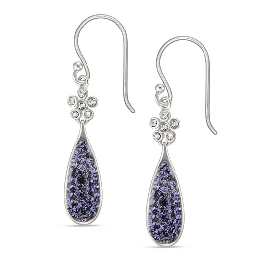 STERLING SILVER WHITE/ TANZANITE CRYSTAL TEARDROP EARRINGS ON FISHHOOK