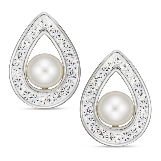 STERLING SILVER  CLEAR CRYSTAL TEARDROP EARRING W/ FW PEARL