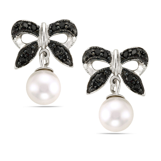 STERLING SILVER FW PEARL AND BLACK CZS BOW EARRINGS