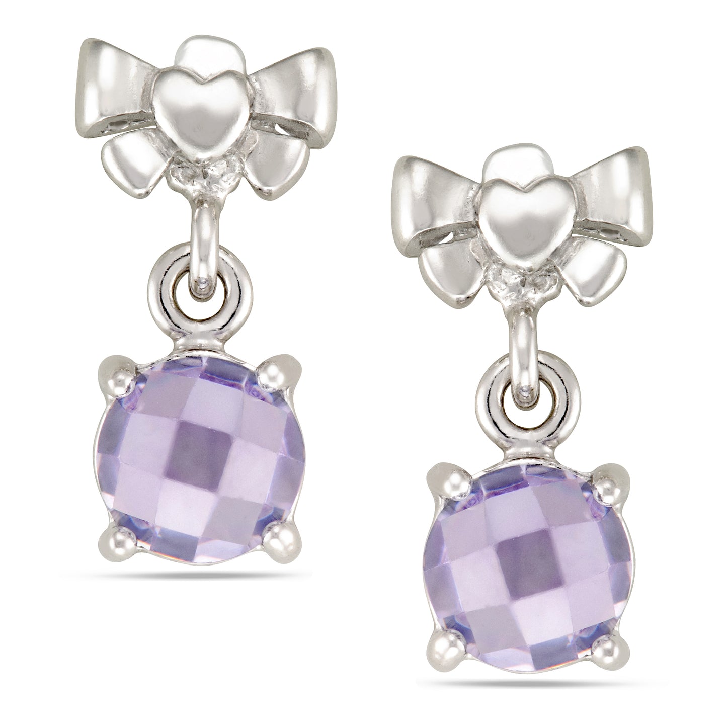 STERLING SILVER SOFT LILAC FACETTED CUBIC WITH BOW TOP DROP EARRINGS