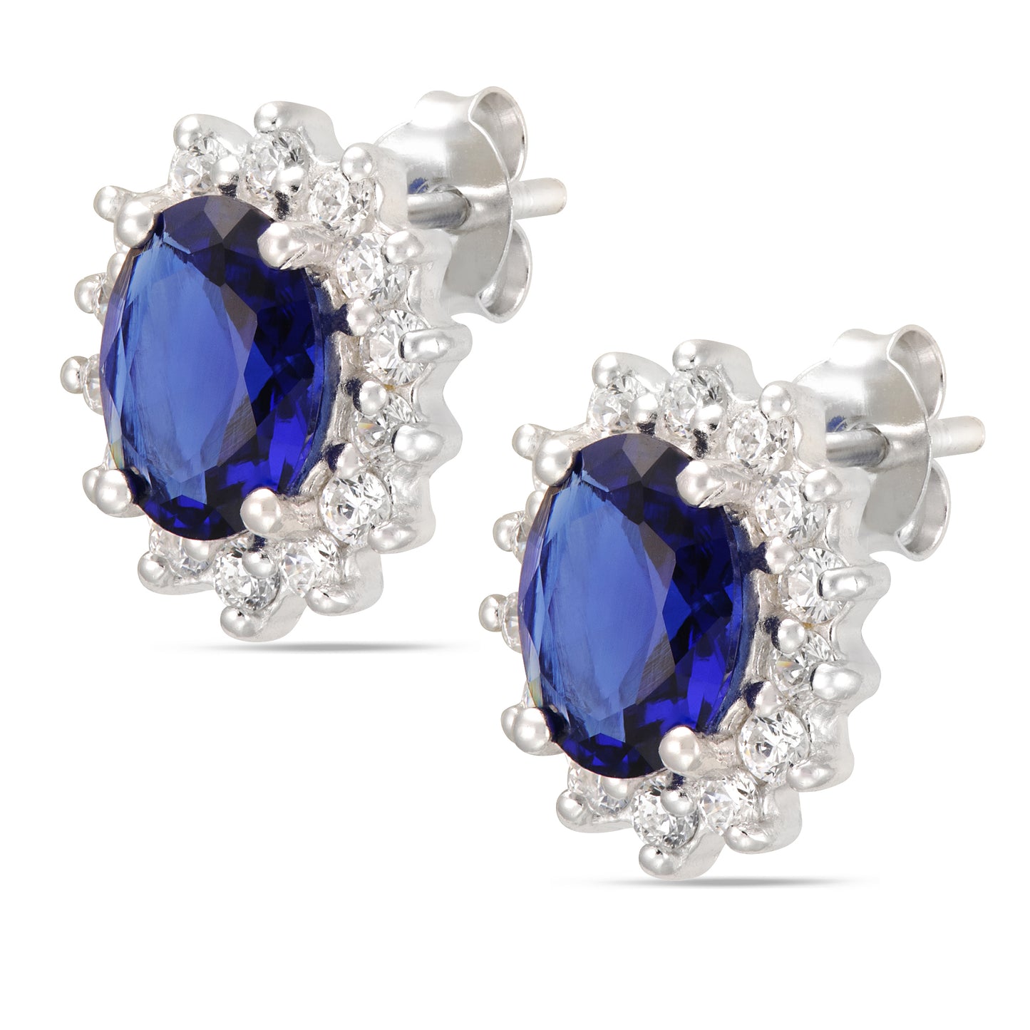 STERLING SILVER OVAL SAPPHIRE CZ FRAMED WITH CUBICS STUDS