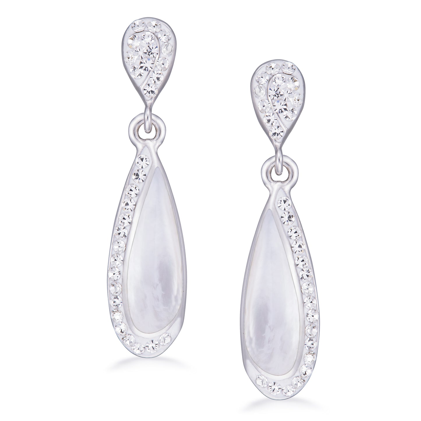 STERLING SILVER SILVER /RHODIUM PLATED PRECIOSA CRYSTAL TEARDROP EARRING W/ MOTHER OF PEARL