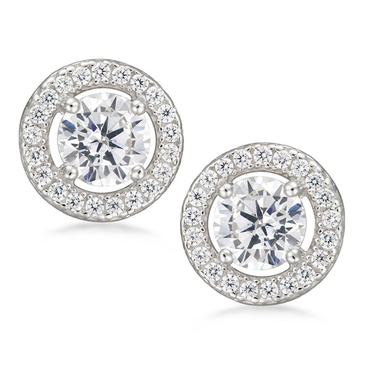 STERLING SILVER  WHITE CZ HALO STUD EARRINGS RHODIUM FINISH