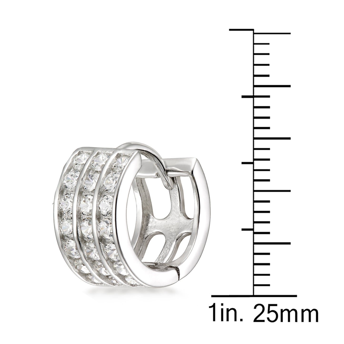 STERLING SILVER 3 ROW ROUND CZ HUGGIE {11.50 X 5.35 MM }RHODIUM FINISH