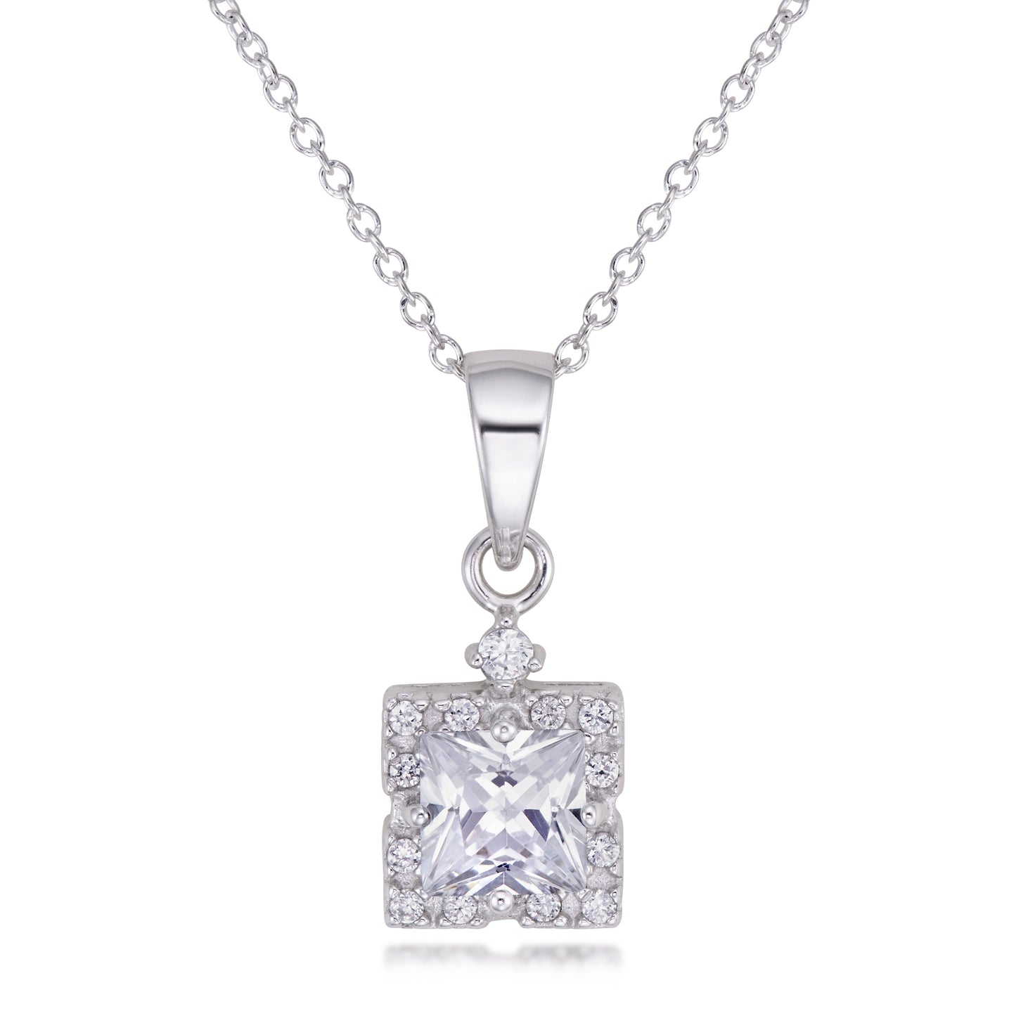 STERLING SILVER 6X6 CZ CENTRE SURROUNDED W/ 13 RD CZ W/CHAIN