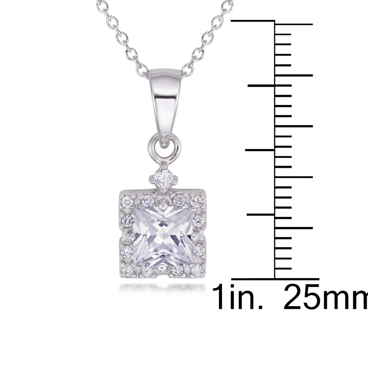 STERLING SILVER 6X6 CZ CENTRE SURROUNDED W/ 13 RD CZ W/CHAIN