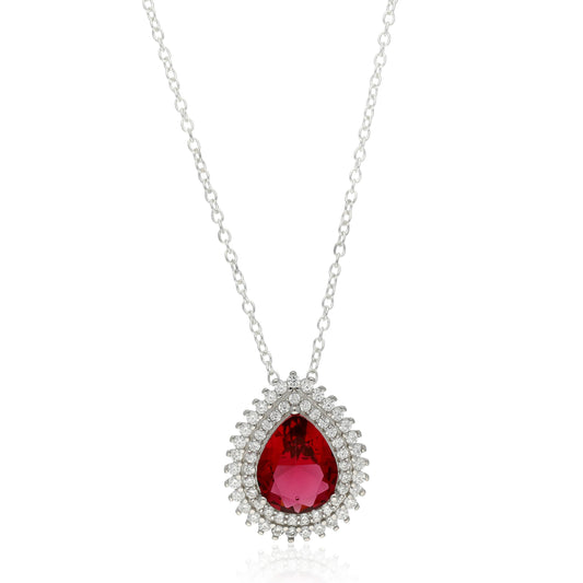 18" S/S PEAR SHAPED RUBY CZ WITH CZ HALO