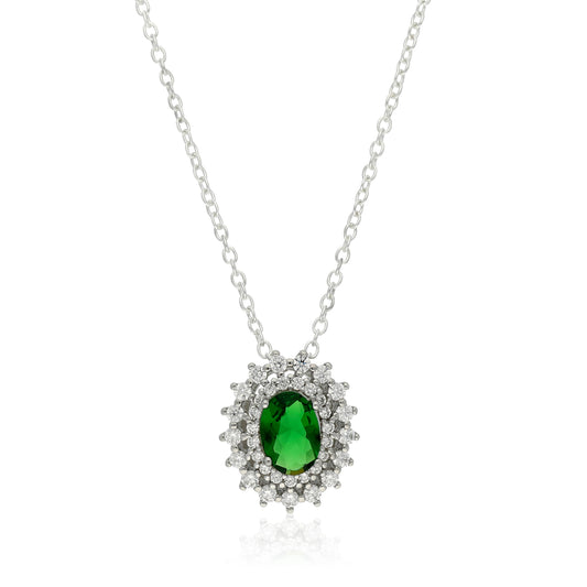 18" S/S OVAL EMERALD CZ WITH CZ HALO