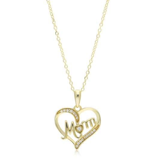 18" S/S 14K GOLD PLATED MOM HEART PENDANT CZ WHITE