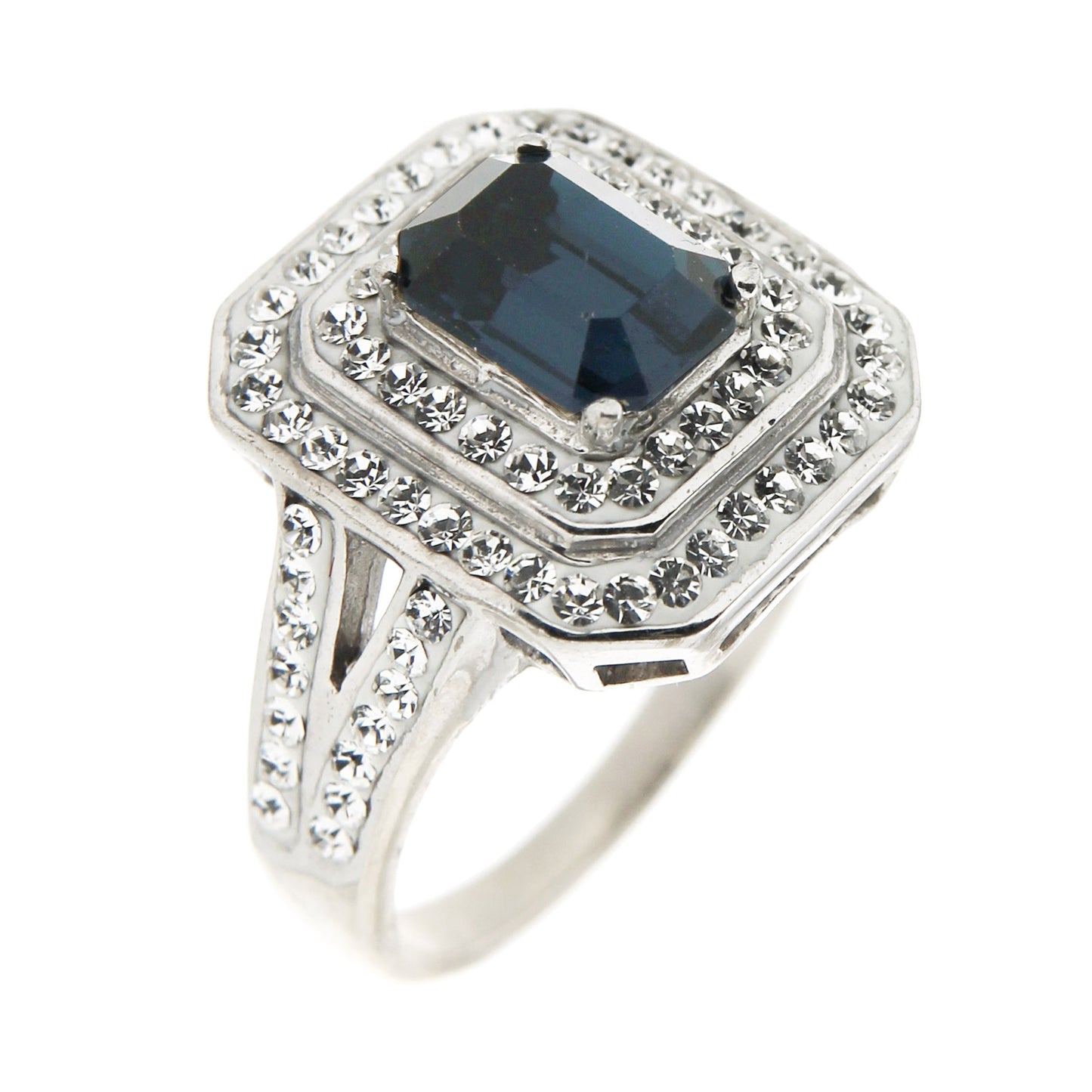 STERLING SILVER WHITE CRYSTAL RING WITH EMERALD CUT BLUE CRYSTAL