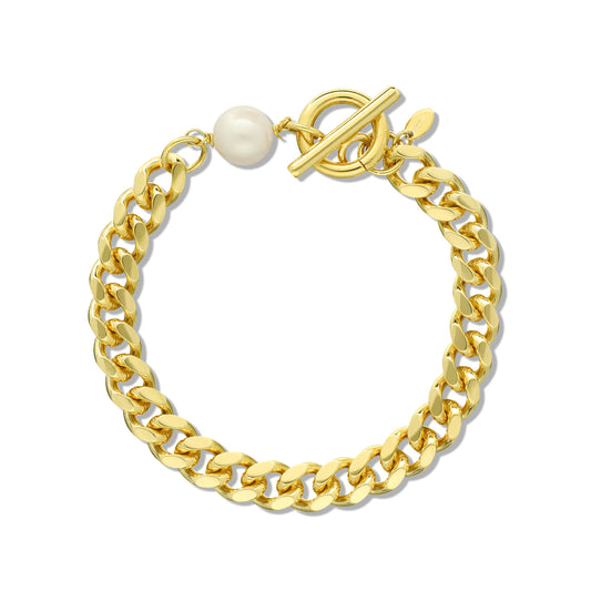 Chunky Curb Link with Biwa Pearl and Toggle Clasp Bracelet