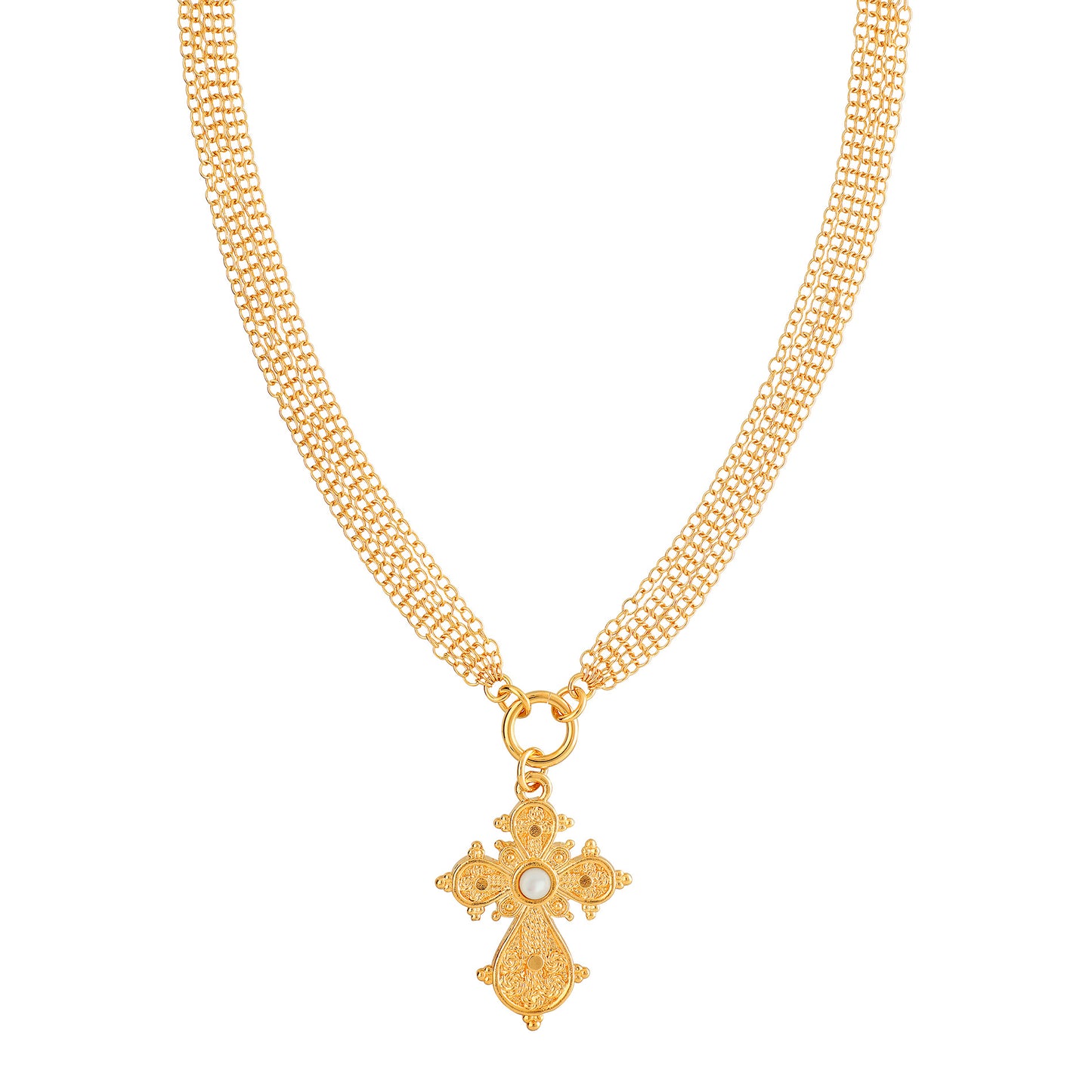 Yellow Gold Large Filigree Electroform Cross with Crystal Necklace