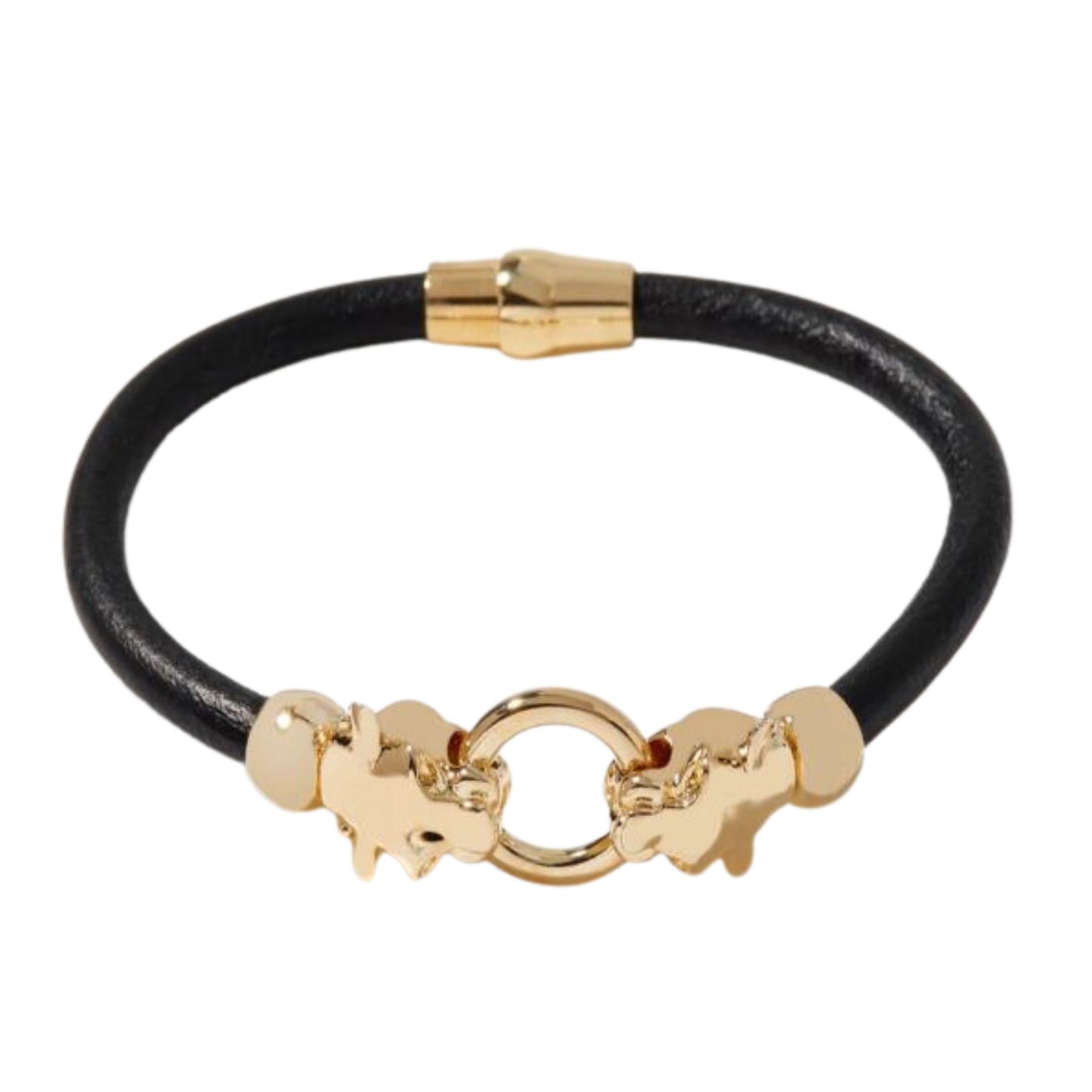White Gold & Black Leather Cord Magnetic Panther Heads Bracelet