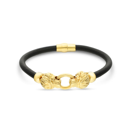 Yellow Gold & Black Leather Magnetic Lions Heads Bracelet