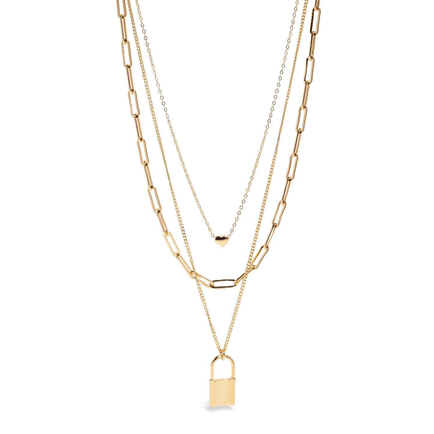 Yellow gold Layered Three Chains with Lock Pendant + Extender