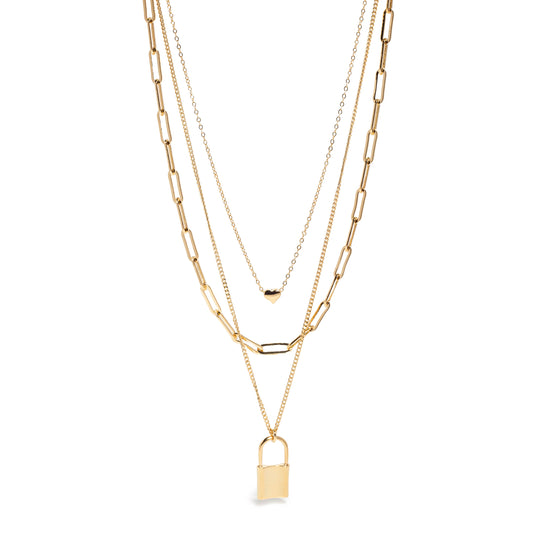 Yellow gold Layered Three Chains with Lock Pendant + Extender