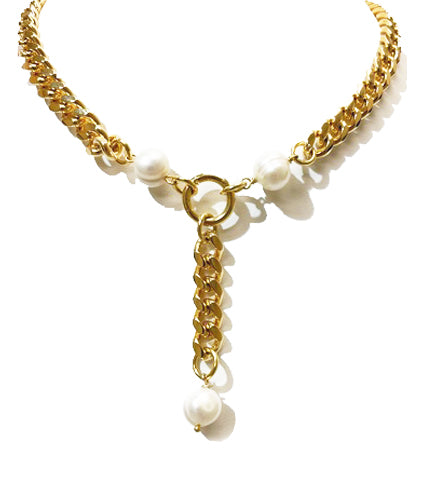 Large Curb Link Choker W/ BIWA Pearls, Lariet w/Toggle Closure