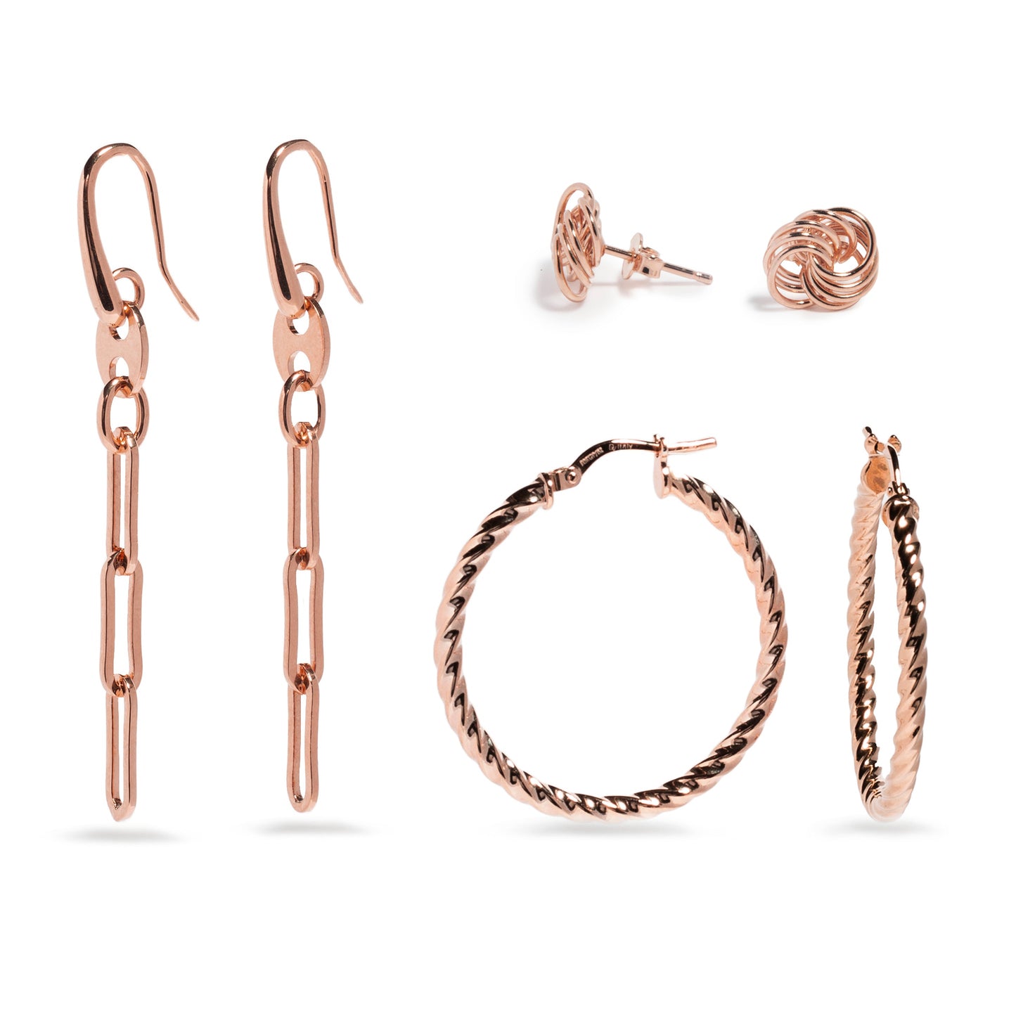 Set of 3 Rose Gold Paperclip Drop, Love knot stud, Twisted Hoop