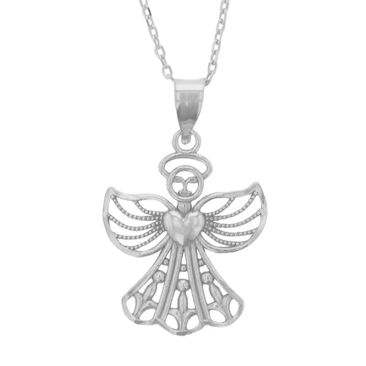 Sterling Silver Diamond Cut Filigree Angel Pendant Necklace