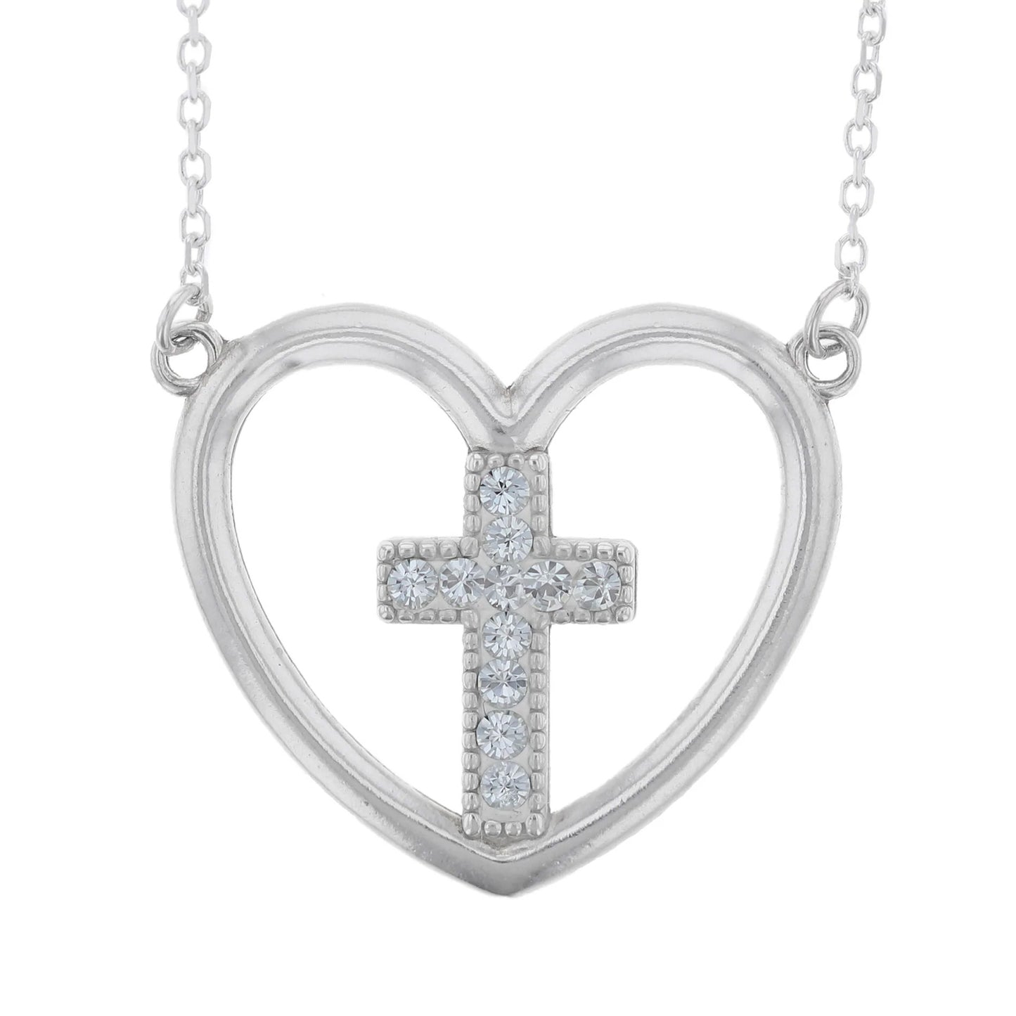 Sterling Silver Heart + Cross Crystal Necklace