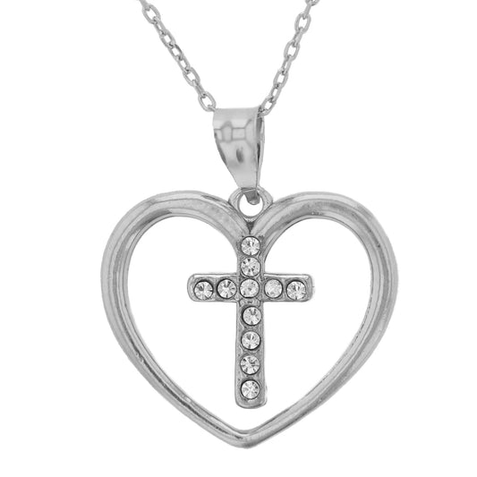 Sterling Silver Crystal Cross within Heart Necklace