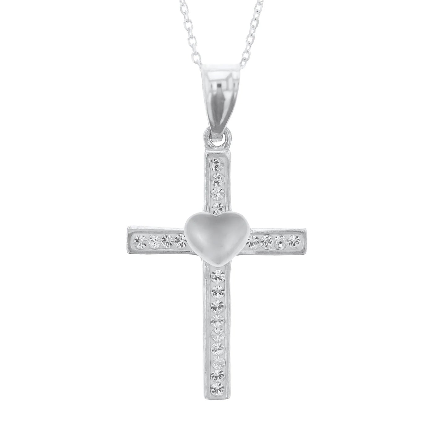 Sterling Silver Crystal Cross with Heart Necklace