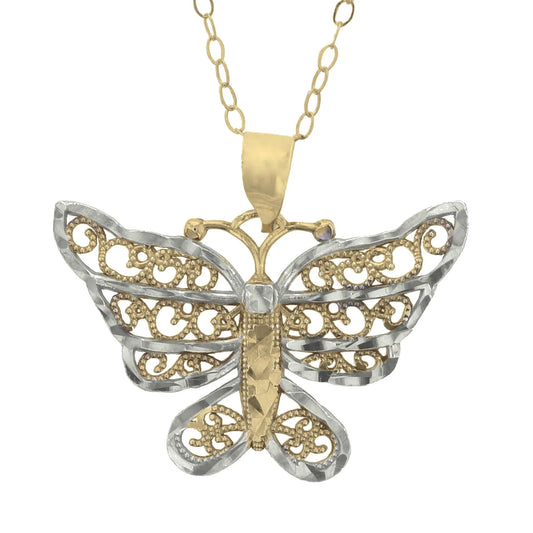 Gold Plated Sterling Silver Diamond Cut Filigree Butterfly Pendant Necklace