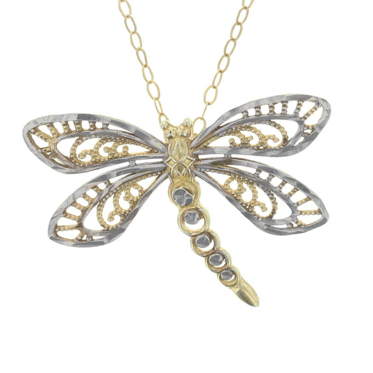 Gold Plated Sterling Silver Diamond Cut Filigree Dragonfly Pendant Necklace