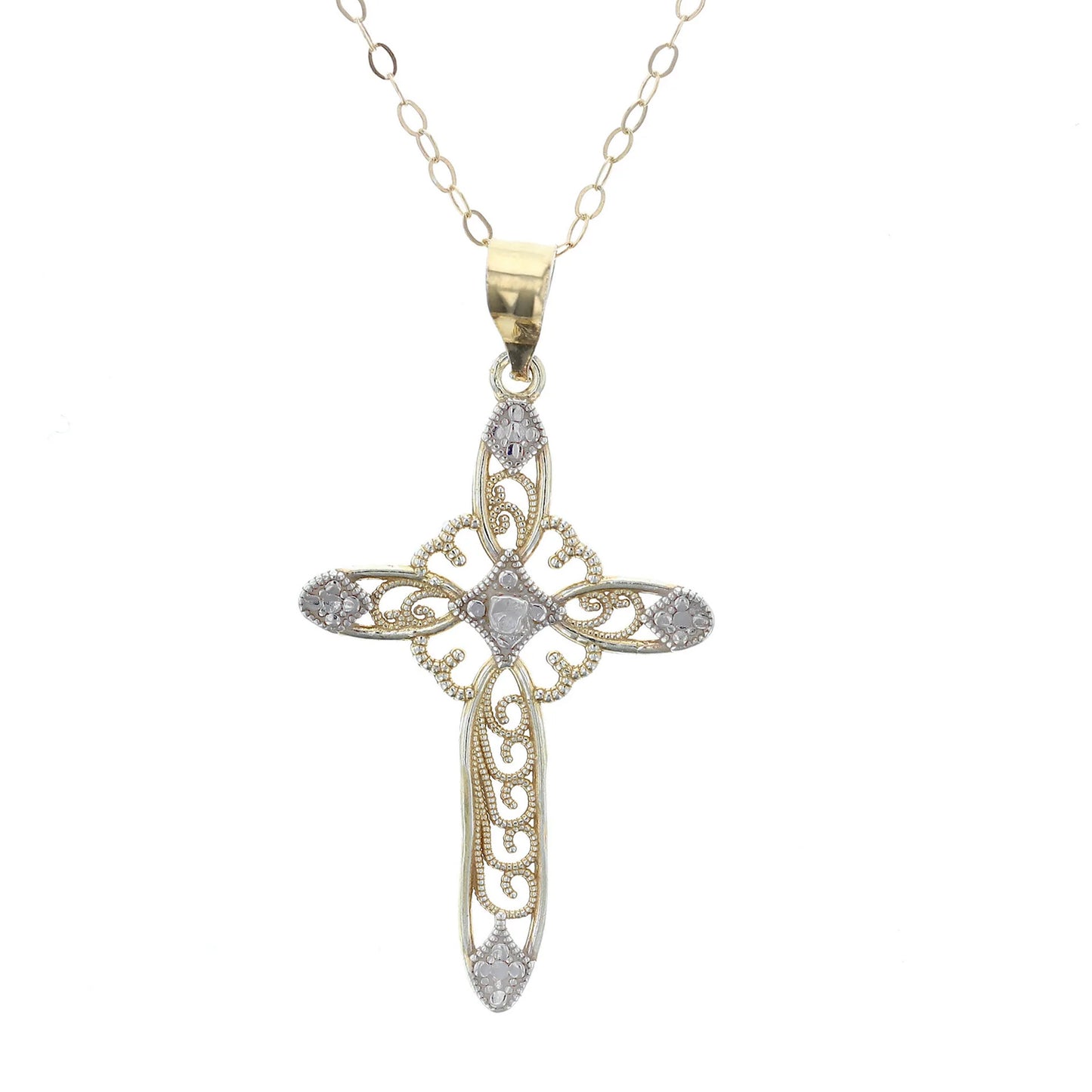 Gold Plated Sterling Silver Diamond Cut Filigree Cross Pendant Necklace