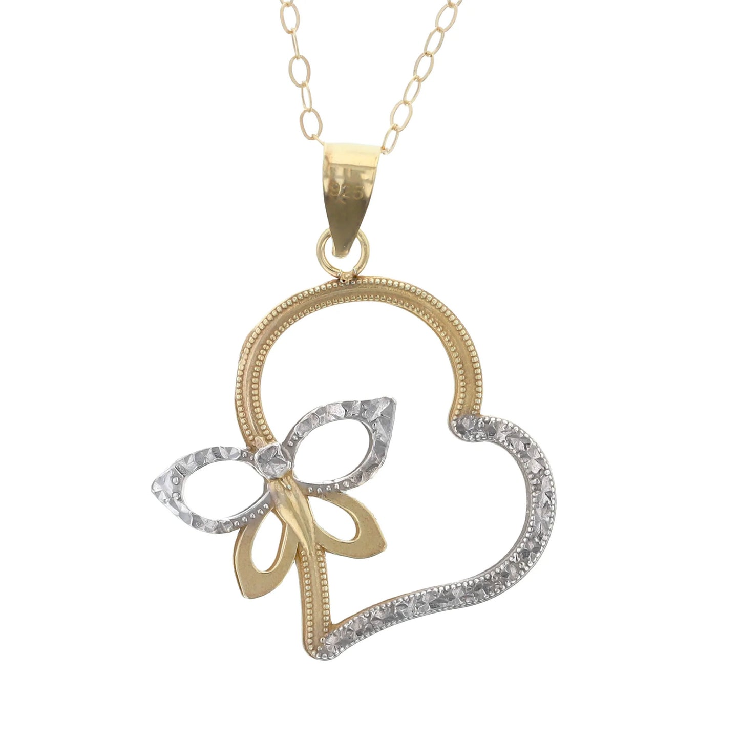 Gold Plated Sterling Silver Diamond Cut Butterfly Heart Pendant Necklace