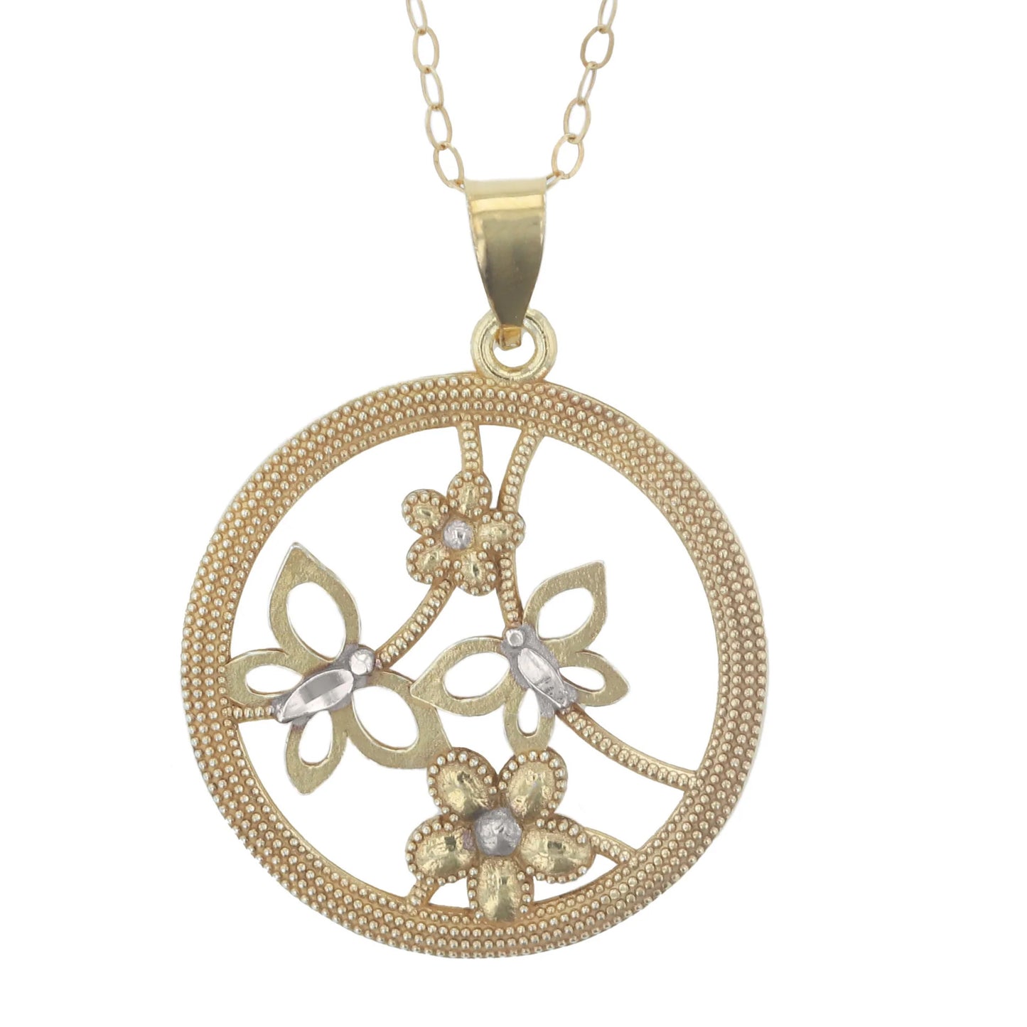 Gold Plated Sterling Silver Diamond Cut Circle with Butterflies and Flower Pendant Necklace