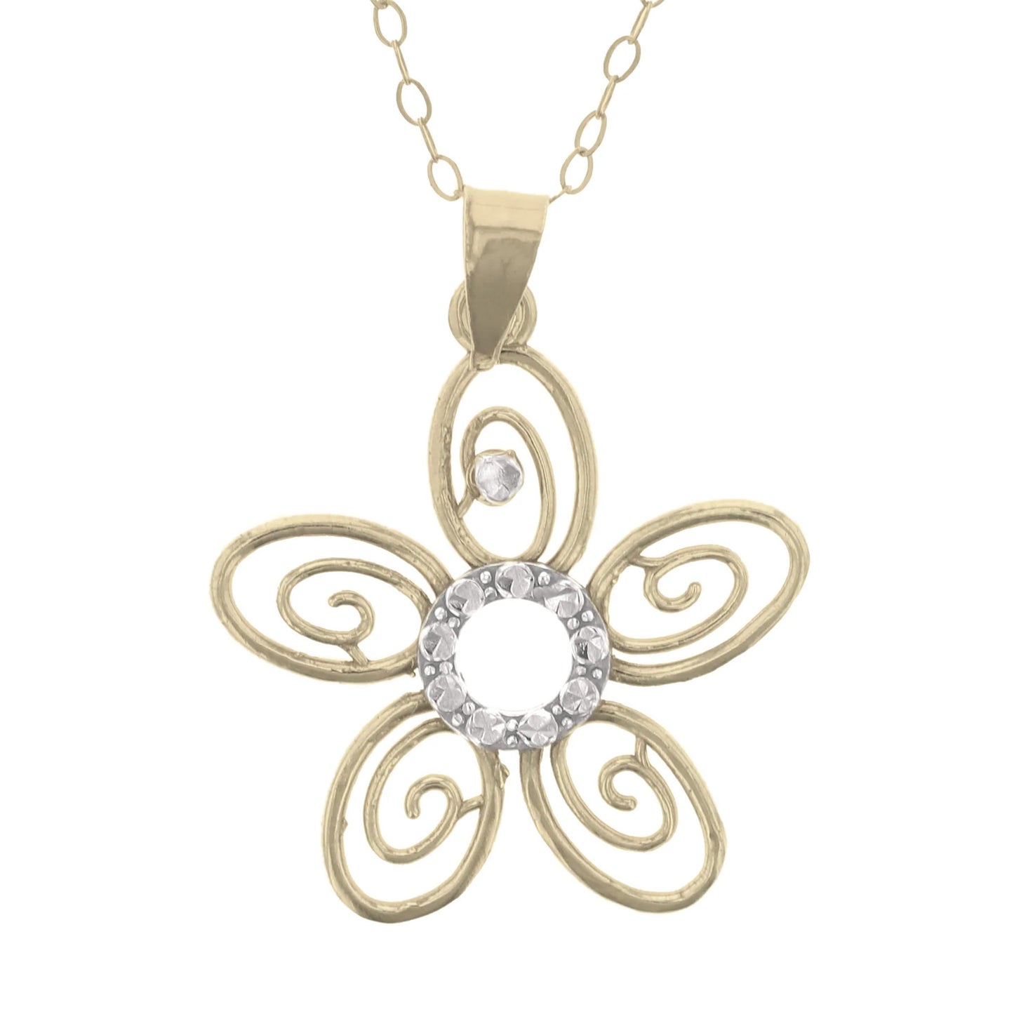 Gold Plated Sterling Silver Diamond Cut Fancy Flower Pendant Necklace