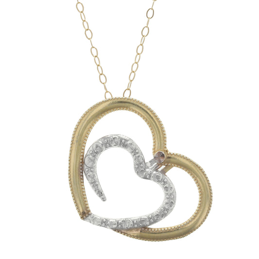 Gold Plated Sterling Silver Diamond Cut Two-Tone Encapsulated Double Heart Pendant Necklace