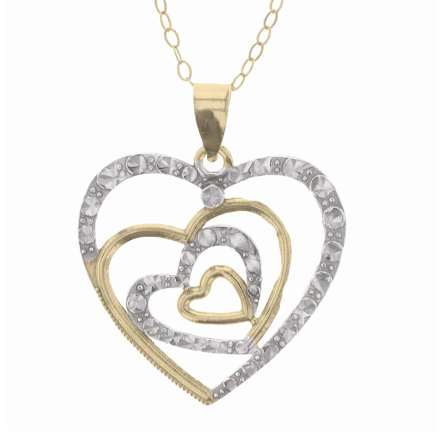 Gold Plated Sterling Silver Diamond Cut Two-Tone Quad Heart Pendant Necklace
