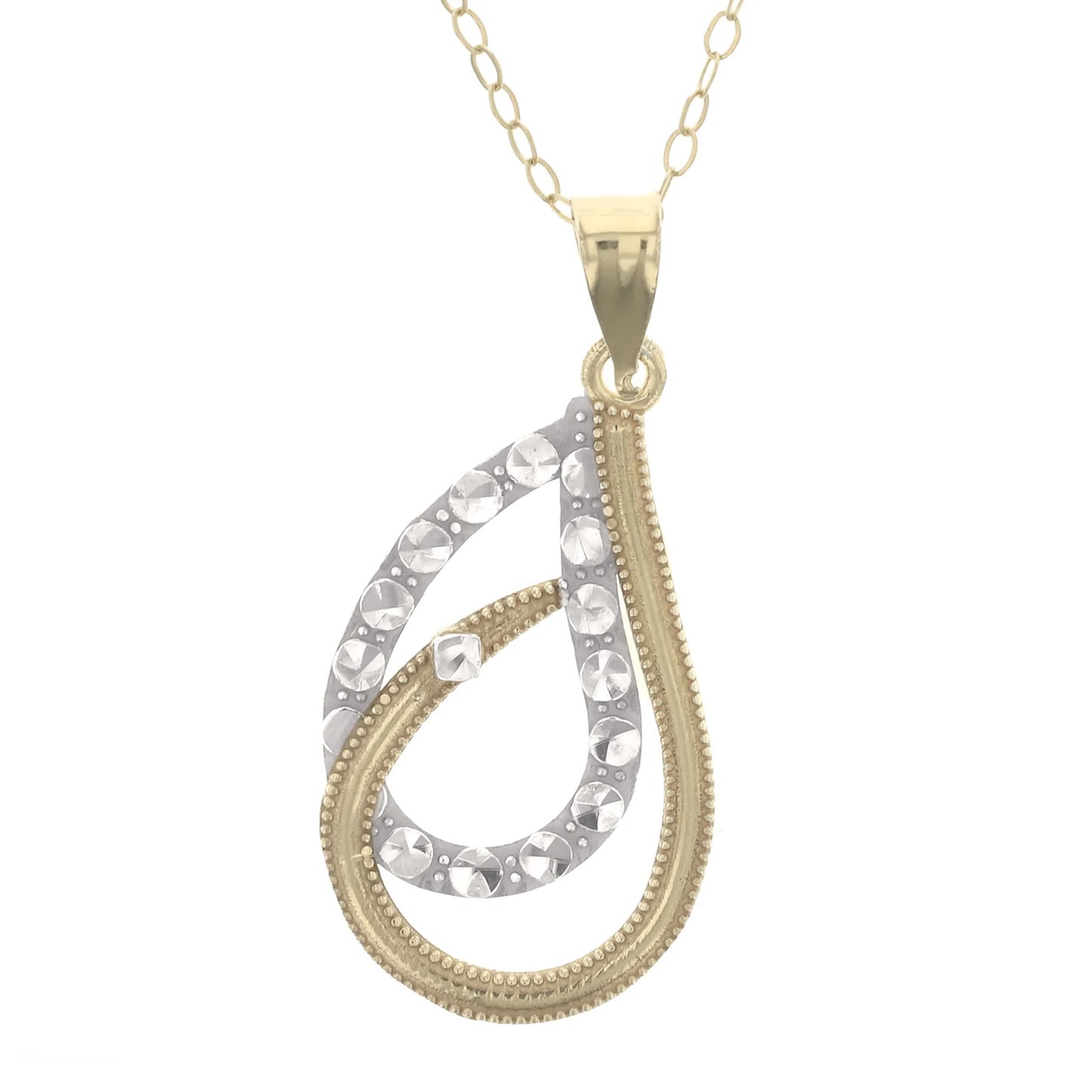 Gold Plated Sterling Silver Diamond Cut Two-Tone Double Tear Drop Pendant Necklace