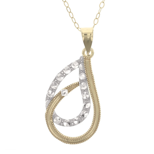 Gold Plated Sterling Silver Diamond Cut Two-Tone Double Tear Drop Pendant Necklace