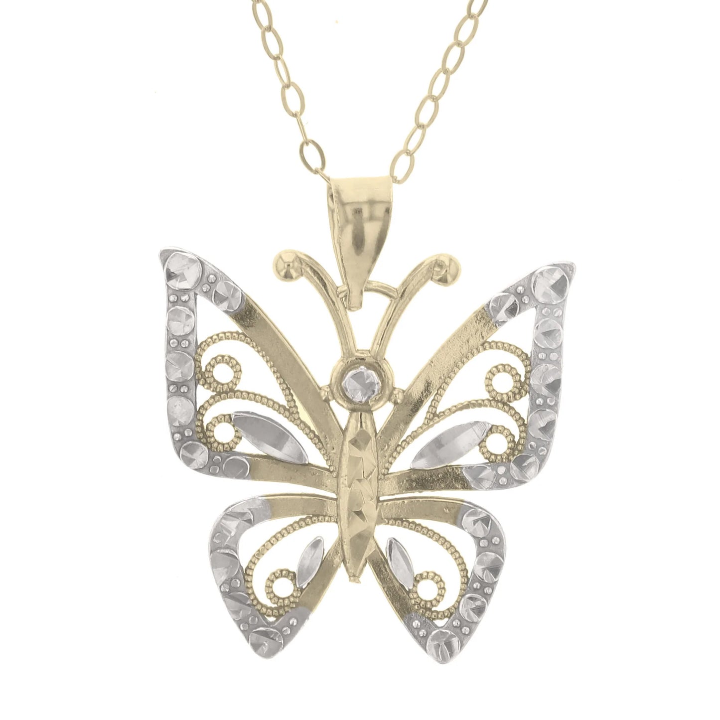 Gold Plated Sterling Silver Diamond Cut Two-Tone Fancy Butterfly Pendant Necklace