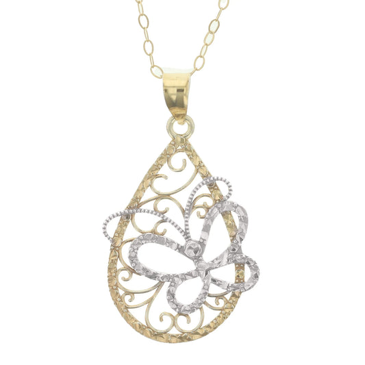Gold Plated Sterling Silver Diamond Cut Two-Tone Filigree Teardrop Butterfly Pendant Necklace