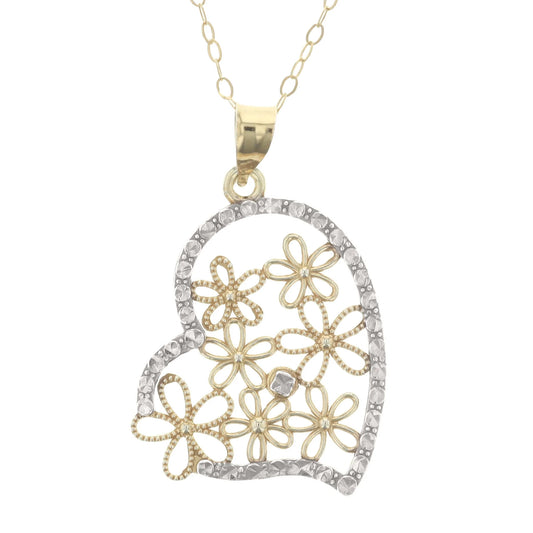 Gold Plated Sterling Silver Diamond Cut Two-Tone Multi-Flower Heart Pendant Necklace