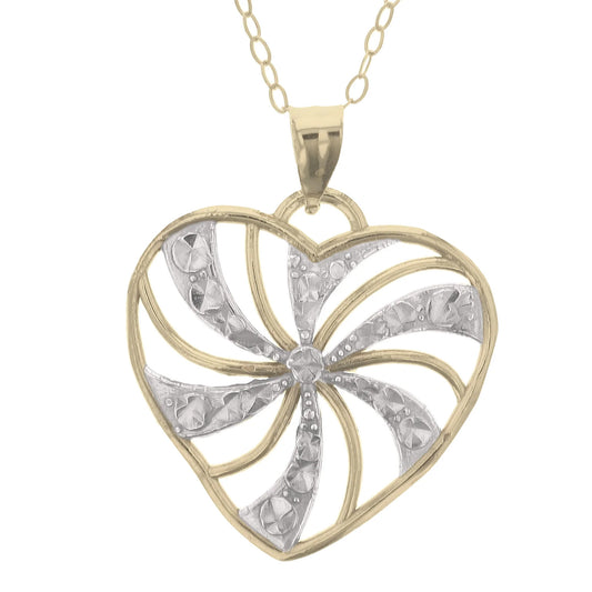 Gold Plated Sterling Silver Diamond Cut Two-Tone Swirl Heart Pendant Necklace