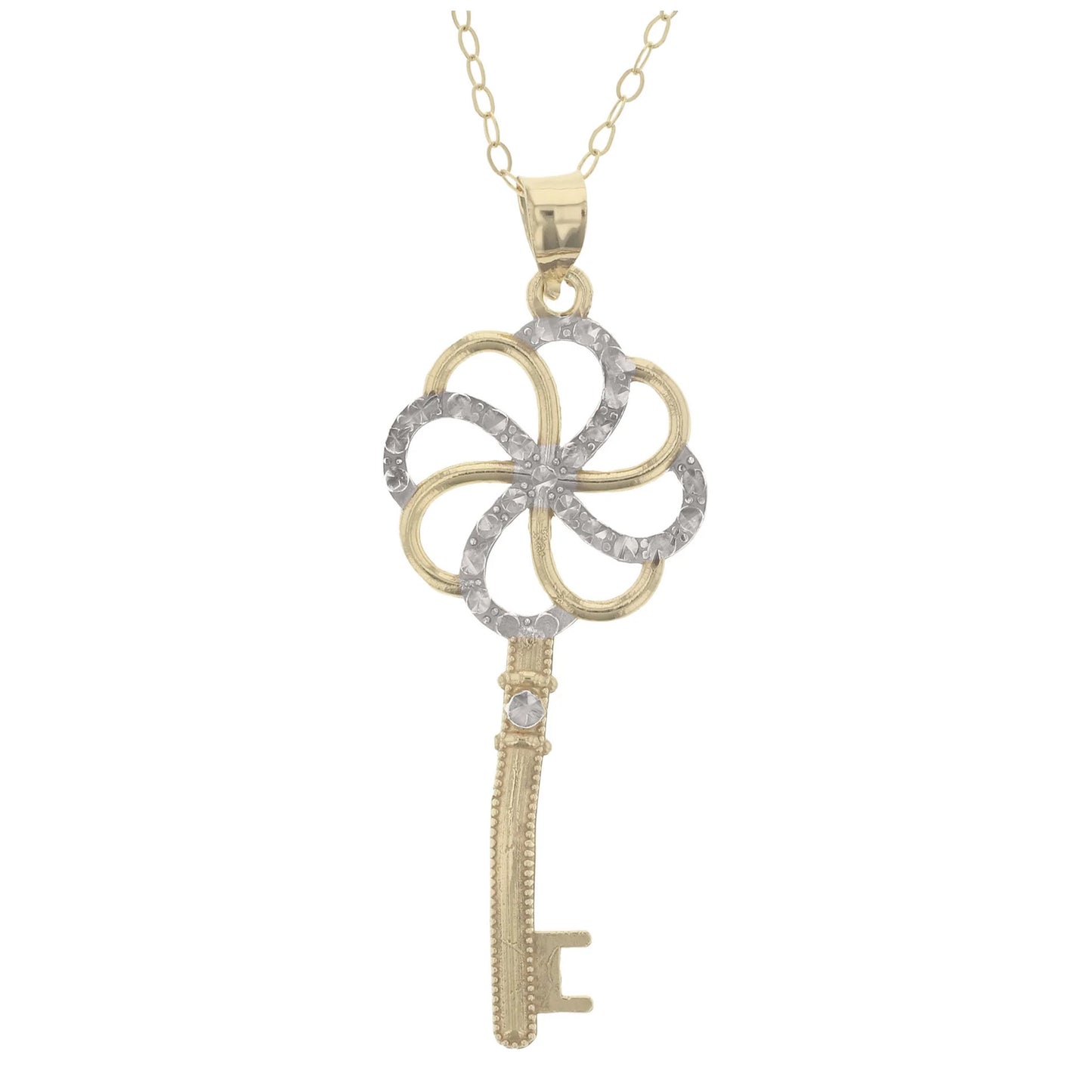 Gold Plated Sterling Silver Diamond Cut Two-Tone Swirl Key Pendant Necklace