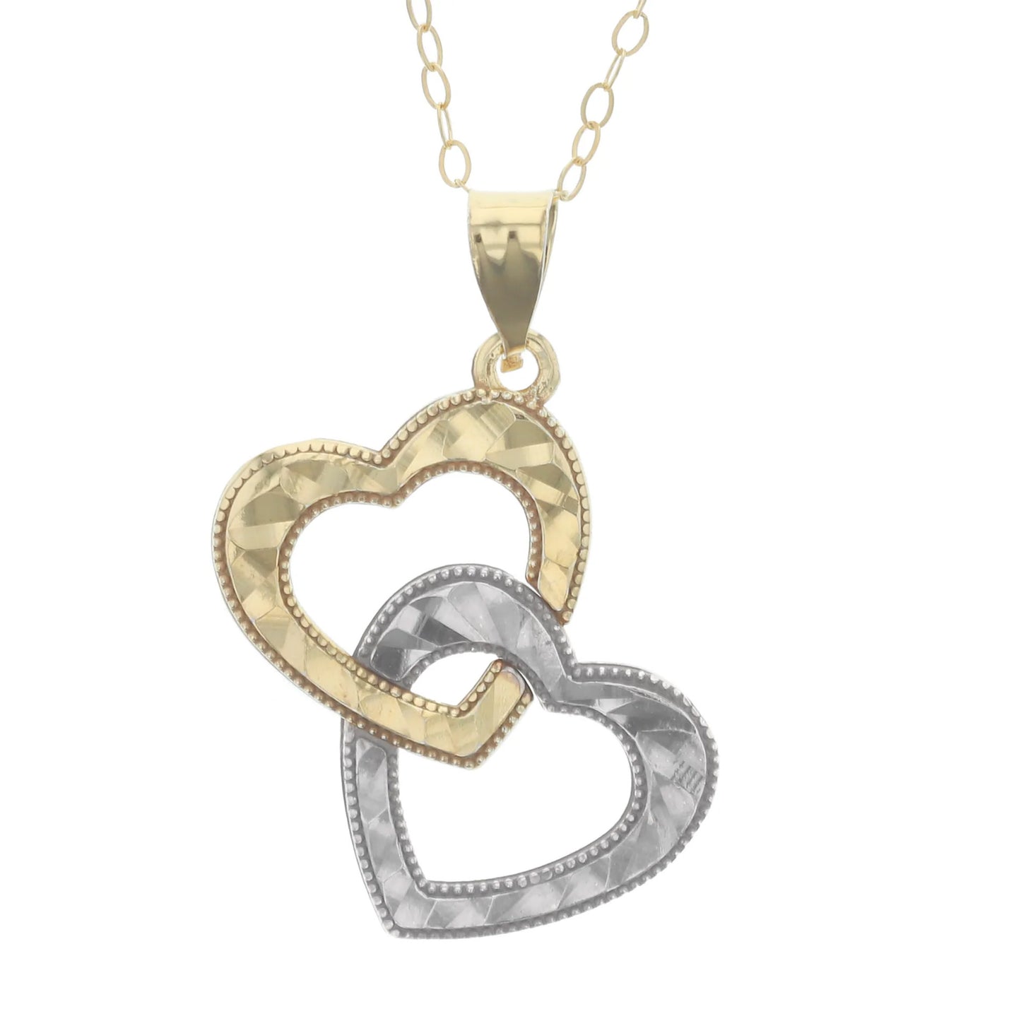Gold Plated Sterling Silver Diamond Cut Double Heart Pendant Necklace
