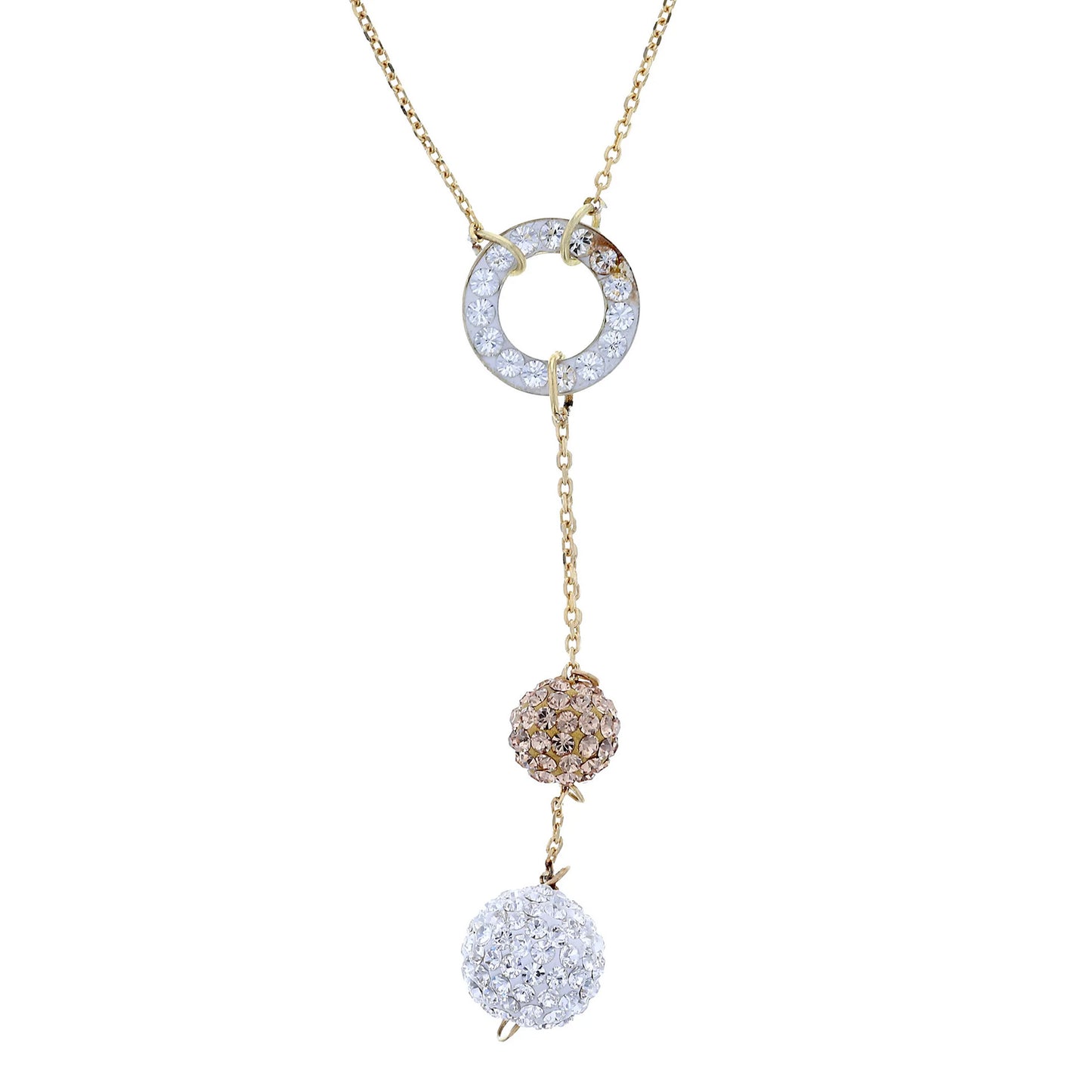 18K Gold Plated Sterling Silver Circle Drop Necklace with Crystal balls White and Light Colorado Topaz Crystals.