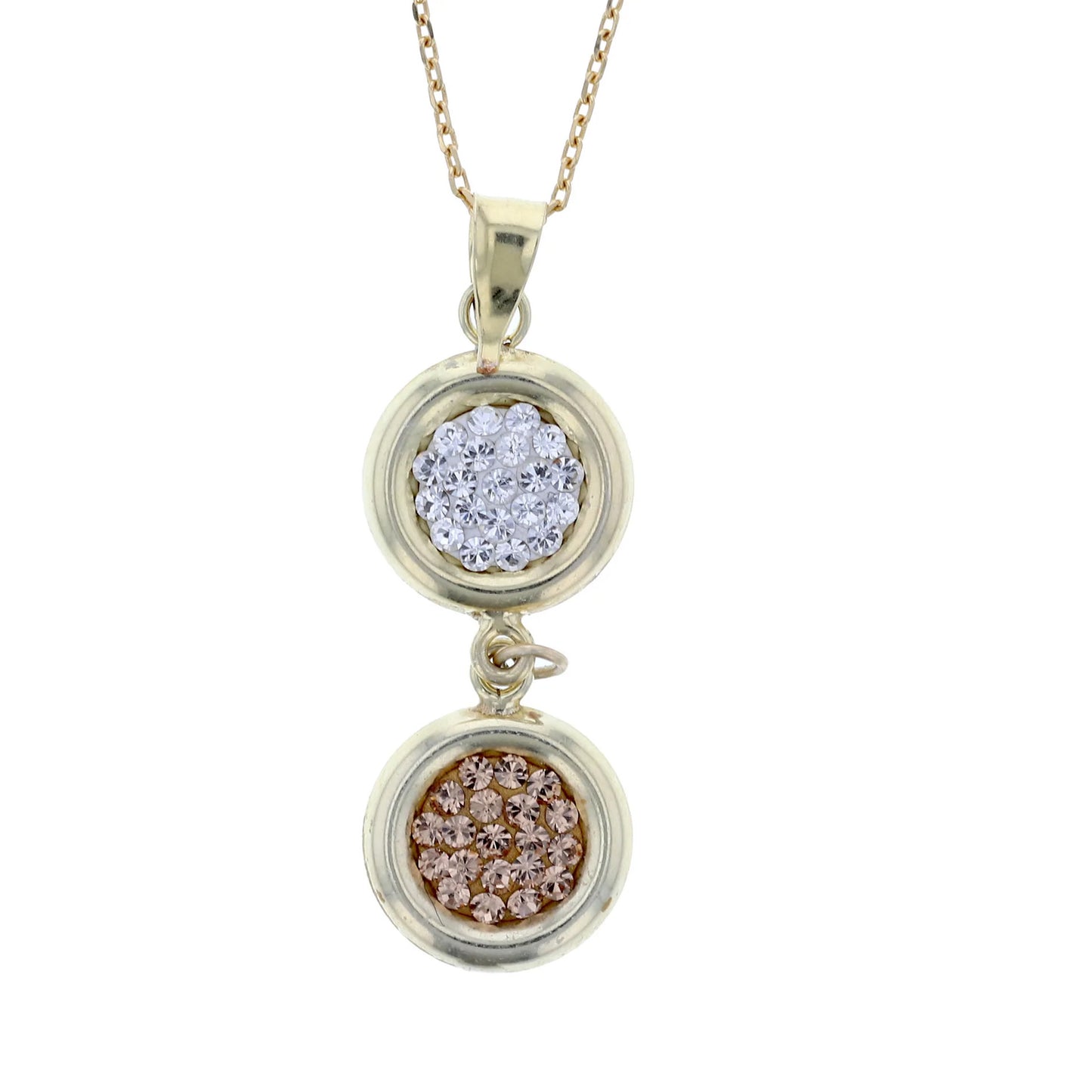 18K Gold Plated Sterling Silver Double Circle Drop Pendant Necklace with White and Light Colorado Topaz Crystals.