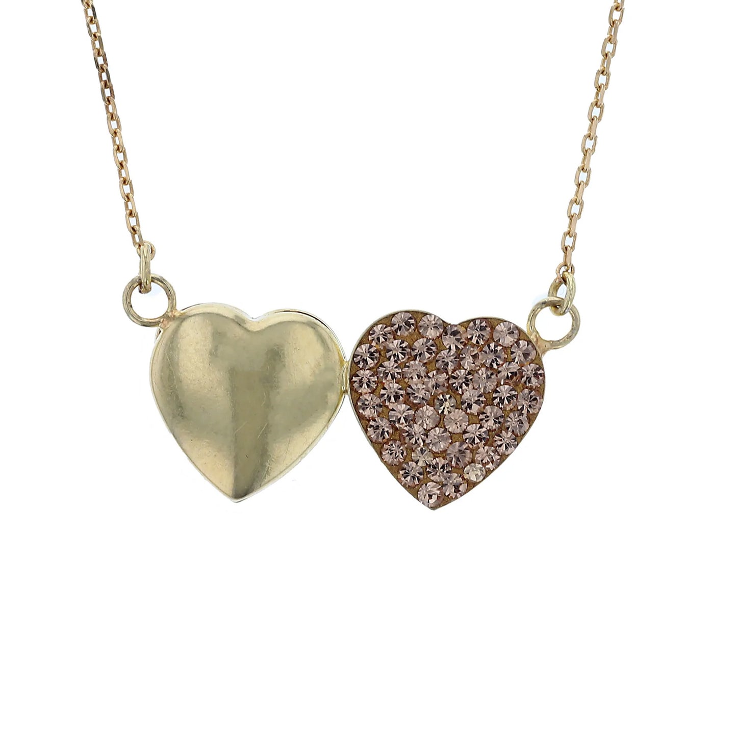 18K Gold Plated Sterling Silver Double Heart Horizontal Necklace with Light Colorado Topaz Crystals.