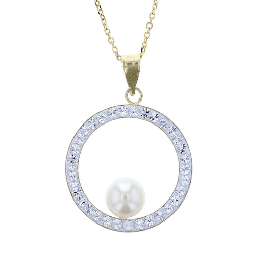 18K Gold Plated Sterling Silver Large Open Circle Pendant Necklace with White Pearl and White Crystals